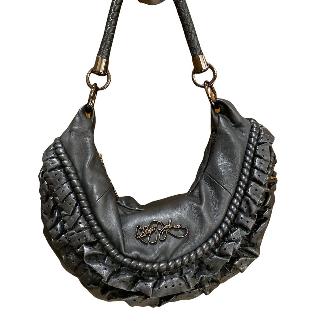 Betsy Johnson Ruffle Moon Black Leather Hobo Purse